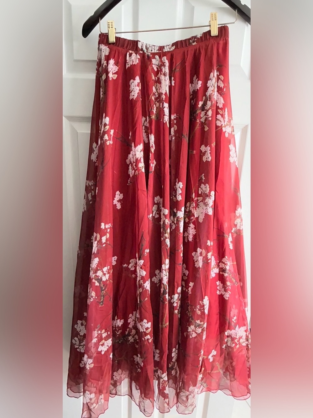 Chicwish Red Floral Maxi Skirt with White Blossom Print